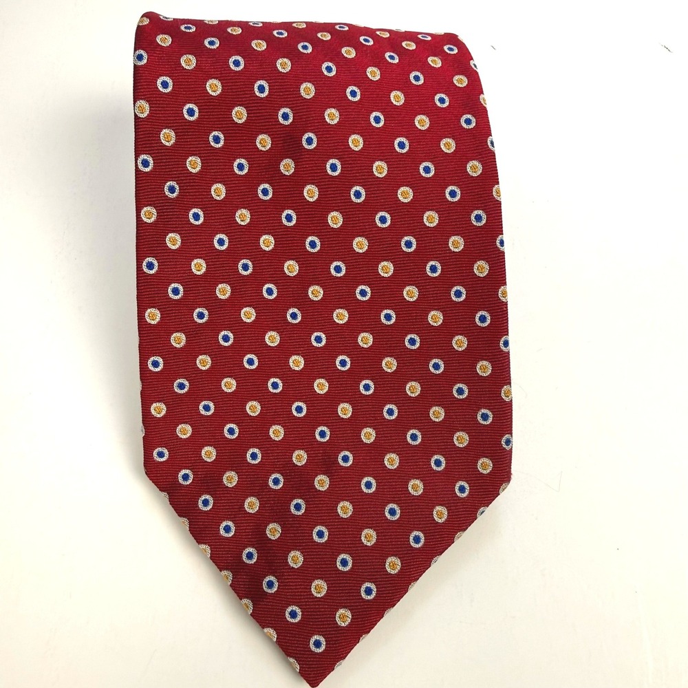 Lauren Ralph Lauren Silk Tie Mens Red Blue Gold Geometric Dot Made in USA 3.75"